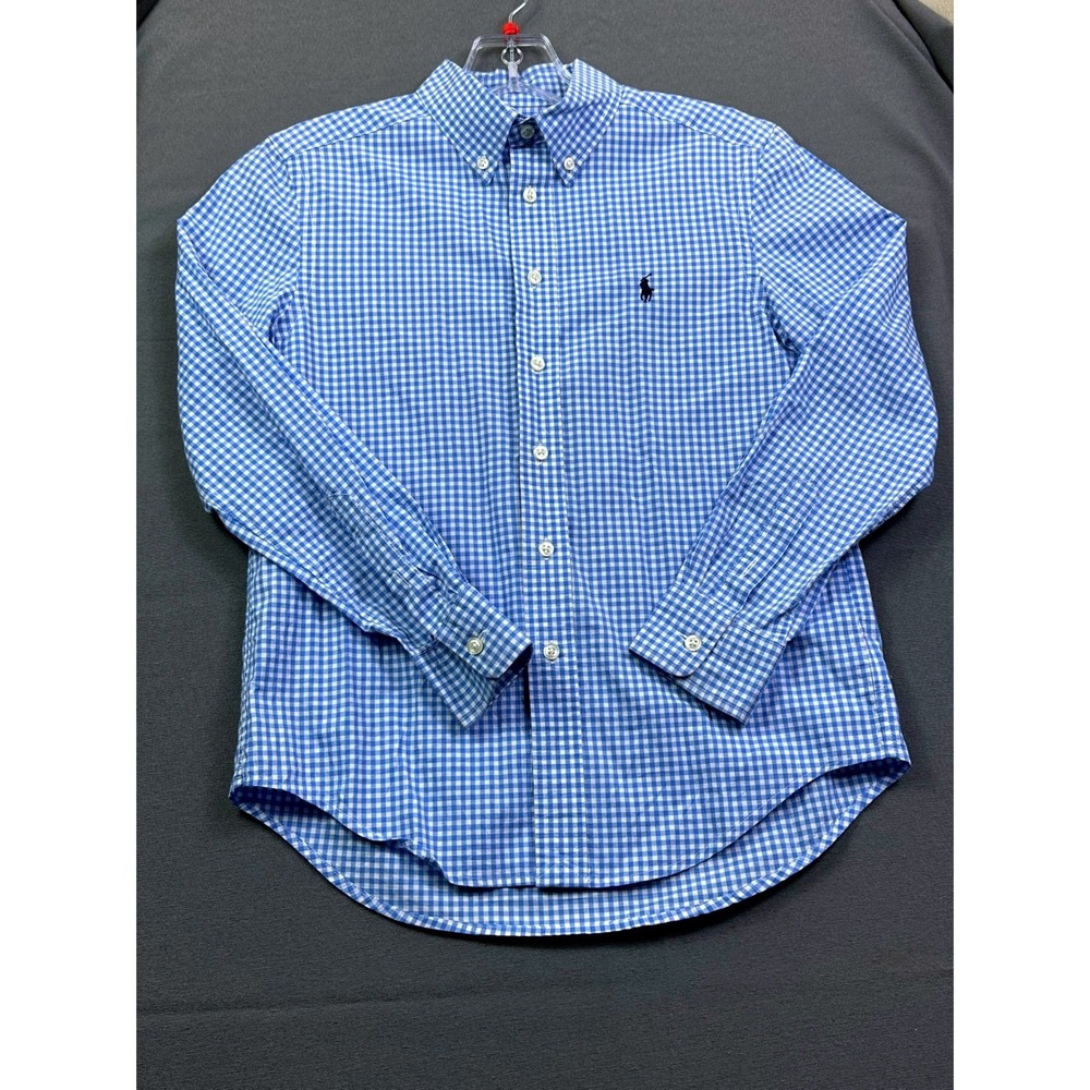 Ralph Lauren Boys Blue Gingham Natural Stretch Button Down Shirt Size M 10-12